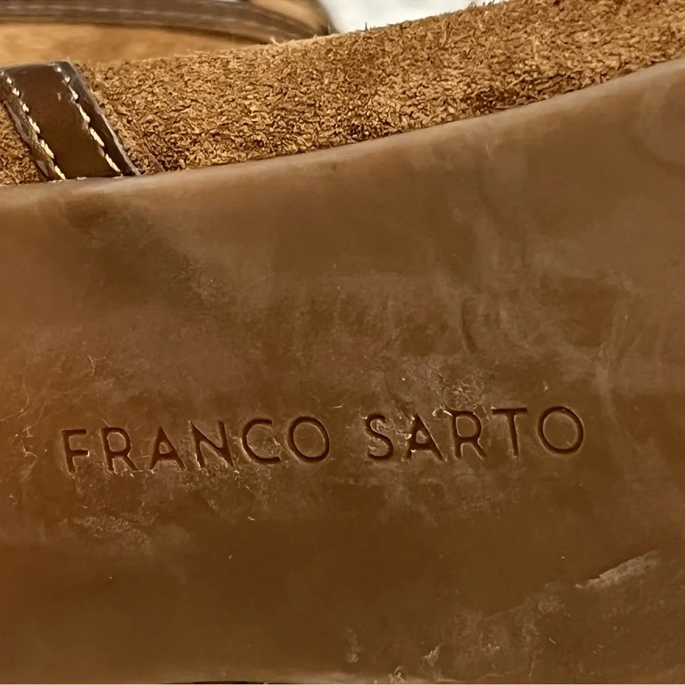 Franco Sarto 9.5 Greenwich Cognac Heeled Ankle Boots Booties Open Back Peep Toe - Picture 10 of 12
